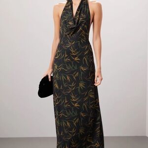 Elegant Black and Green Cowl Neck Halter Dress